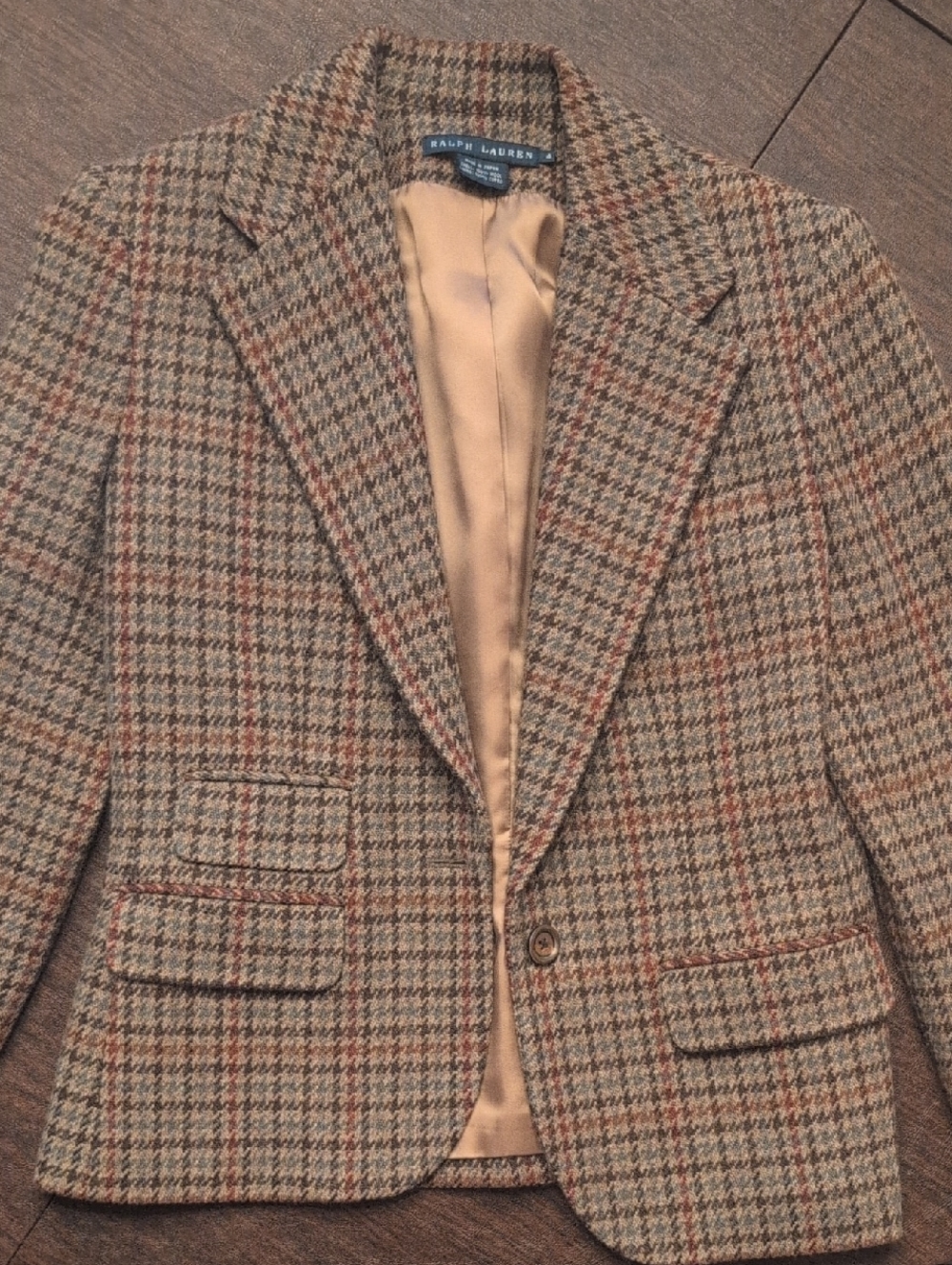Ralph Lauren Tan & Brown Houndstooth Wool Sport Coat